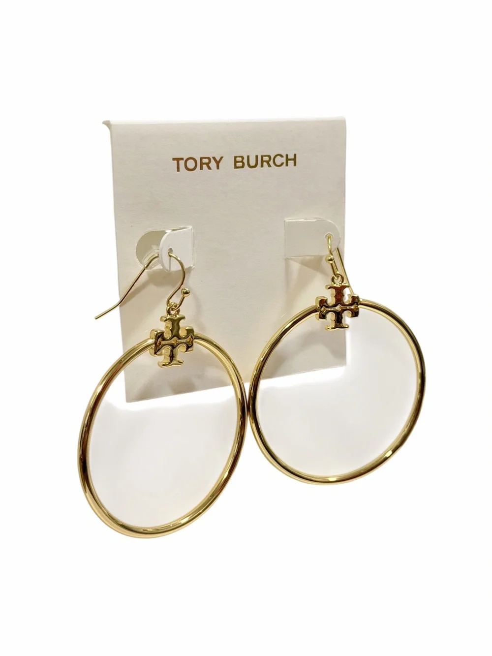 NWT Tory Burch Gold Stacked T-Logo Hoop Drop Earrings